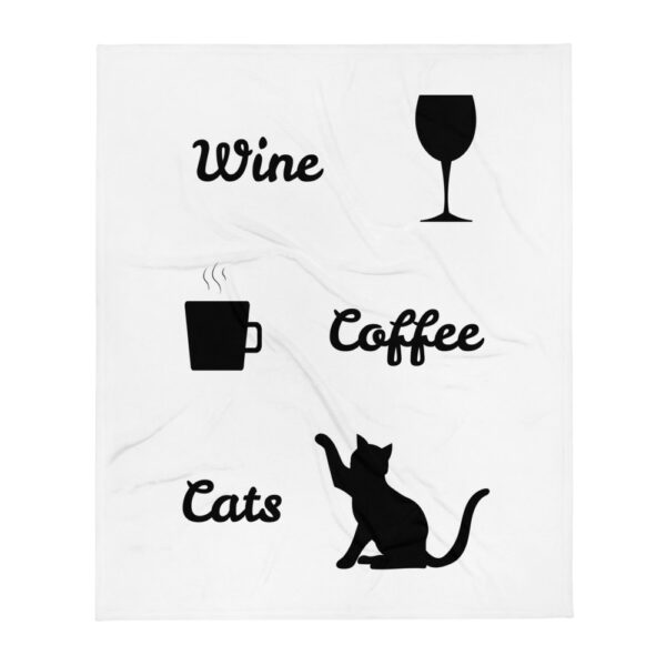 Kuscheldecke mit Katzenmotiv - "Coffee. Wine. Cats" Design in Weiß