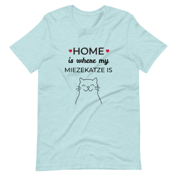 Shirt mit Katzenmotiv - "Home is where my Mietzekatze is" Unisex-T-Shirt in Hellblau mit liebevollem Schriftzug und Katzengrafik.