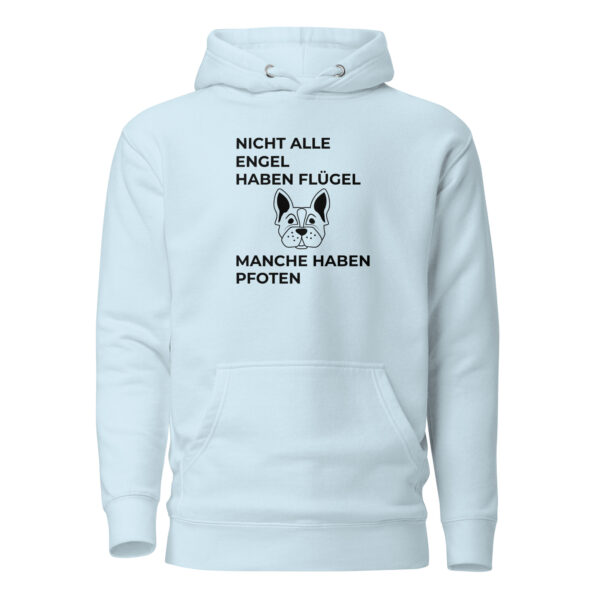 Hoodie mit Hundepfoten - Unisex-Kapuzenpullover in Weiß mit Schriftzug "Nicht alle Engel haben Flügel, manche haben Pfoten"