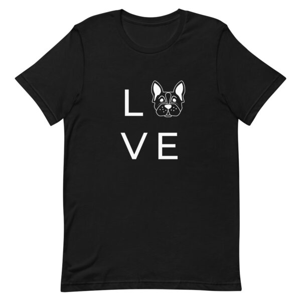 Love Dog T-Shirt - Unisex-T-Shirt in Schwarz mit Schriftzug "LOVE" und einer Hundegrafik