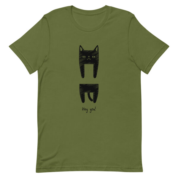 T-Shirt mit Katzenmotiv - "Hey you" Unisex-T-Shirt in Oliv mit lustigem Katzenmotiv und Schriftzug "Hey you"