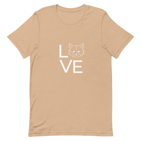 Shirt mit Katzenmotiv - Unisex-T-Shirt "Love Cat" in Beige mit Schriftzug "LOVE" und Katzengrafik